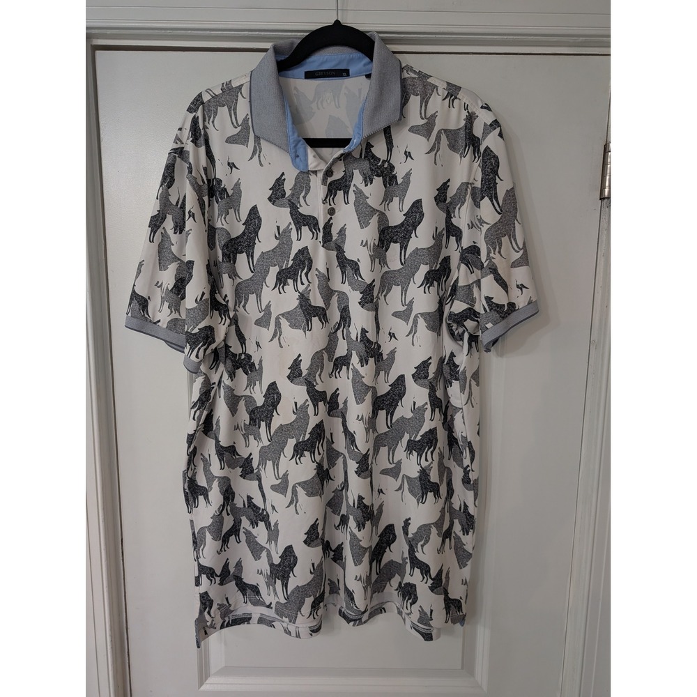 Greyson Mens XL Wolf Print Golf Polo Shirt Short Sleeve Stretch performance